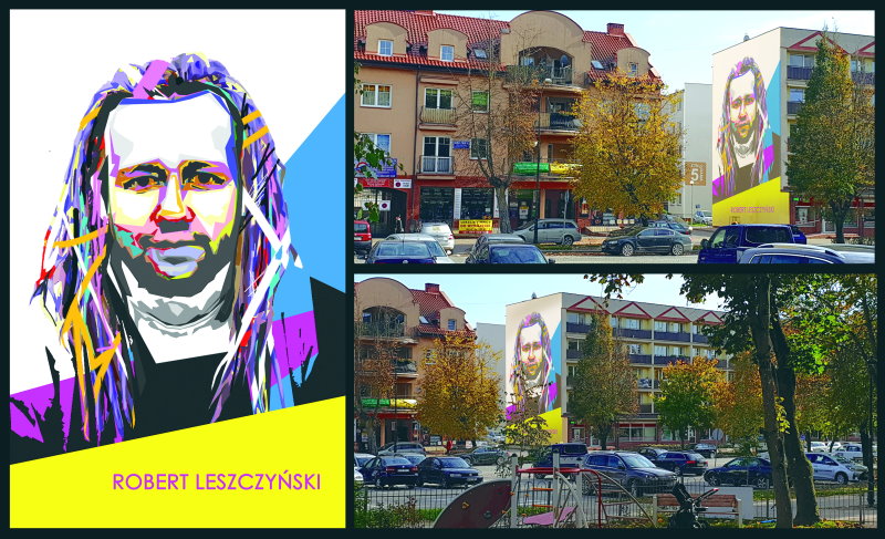 Mural wielkofotmatowy upamiętniający osobę olecczanina, dziennikarza i krytyka muzycznego - Roberta Leszczyńskiego