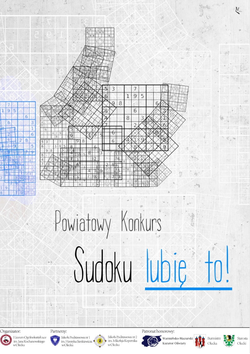  Na tle krzyżówek sudoku napis Powiatowy Konkurs Sudoku Lubię to!
