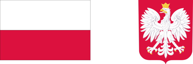 Po lewej stronie biało czerwona flaga Polski. Po prawej Polskie godło.