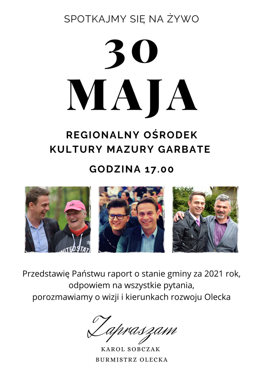 Plakat z tekstem o zaproszeniu i fotografie mieszkańców z burmistrzem