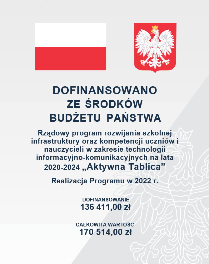 Flaga Polski i godło. Napis DOFINANSOWANO ZE ŚRODKÓW BUDŻETU PAŃSTWA