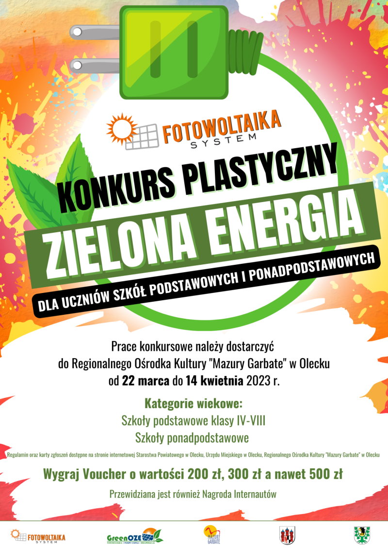 Kolorowe światła i napis Konkurs plastyczny „Zielona Energia”