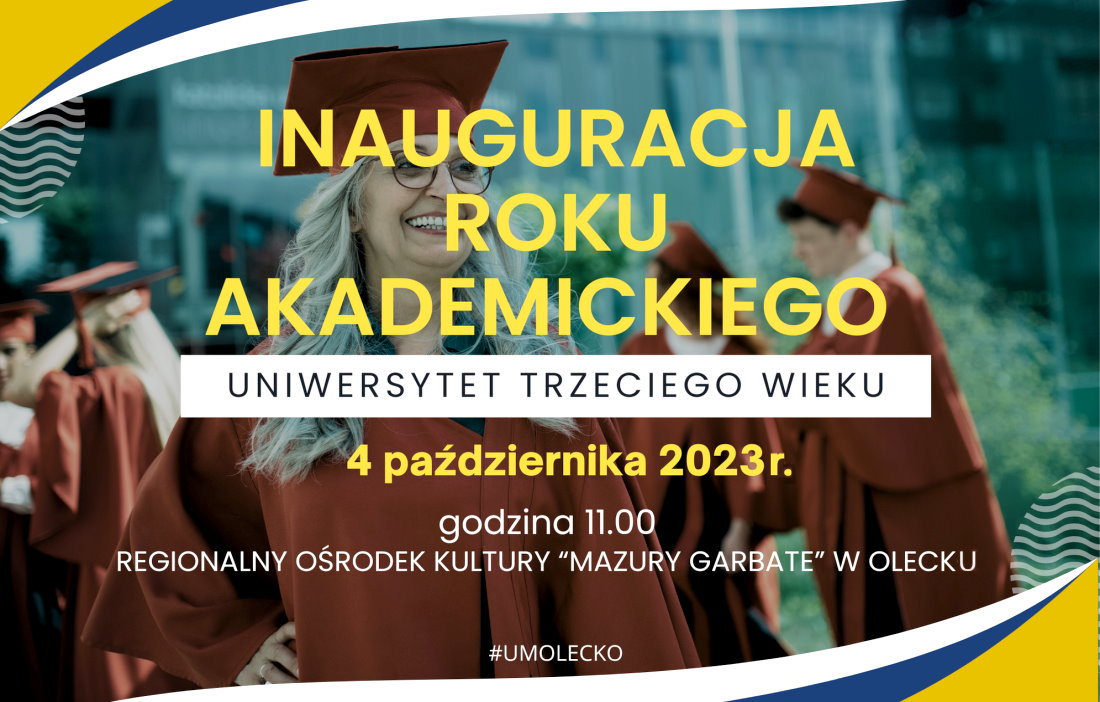 Sylwetki studentek i napis  Inaugurację Roku Akademickiego 2023/2024 Uniwersytetu Trzeciego Wieku w Olecku