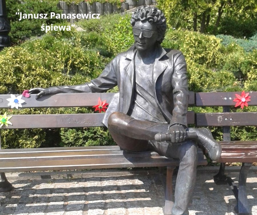 Pomnik artysty siedzącego na ławce i tytuł projektu