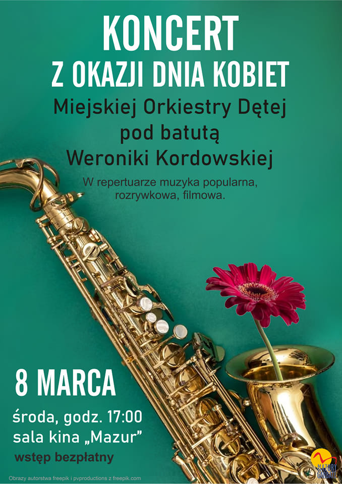 Plakat z napisem: Koncert  z okazji Dnia Kobiet Miejskiej Orkiestry Dętej pod batutą Weroniki Kordowskiej