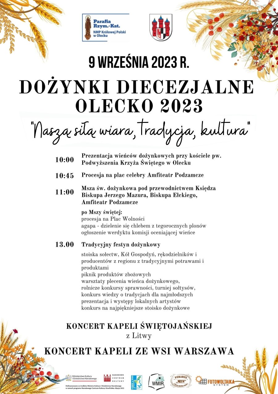 Kłosy zbóż oraz kwiat. Napis: 9 września 2023 r. Dożynki Diecezjalne Olecko 2023 i program uroczystości.