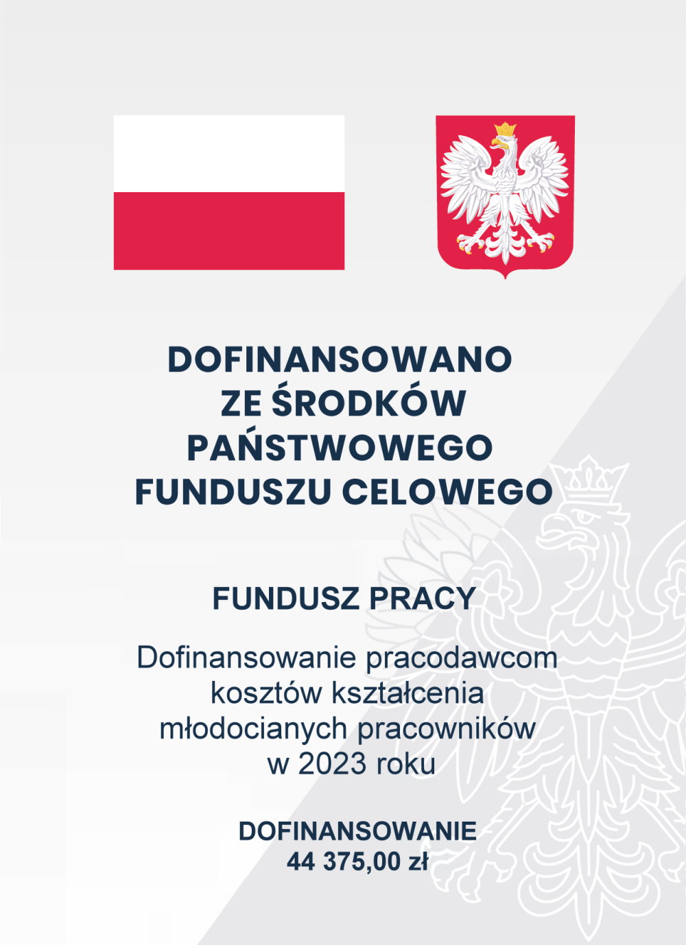 Flaga i herb Polski. Poniżej napis: Dofinansowano ze środków państwowego funduszu celowego Fundusz pracy Dofinansowanie pracodawcom kosztów kształcenia młodocianych pracowników w 2023 roku